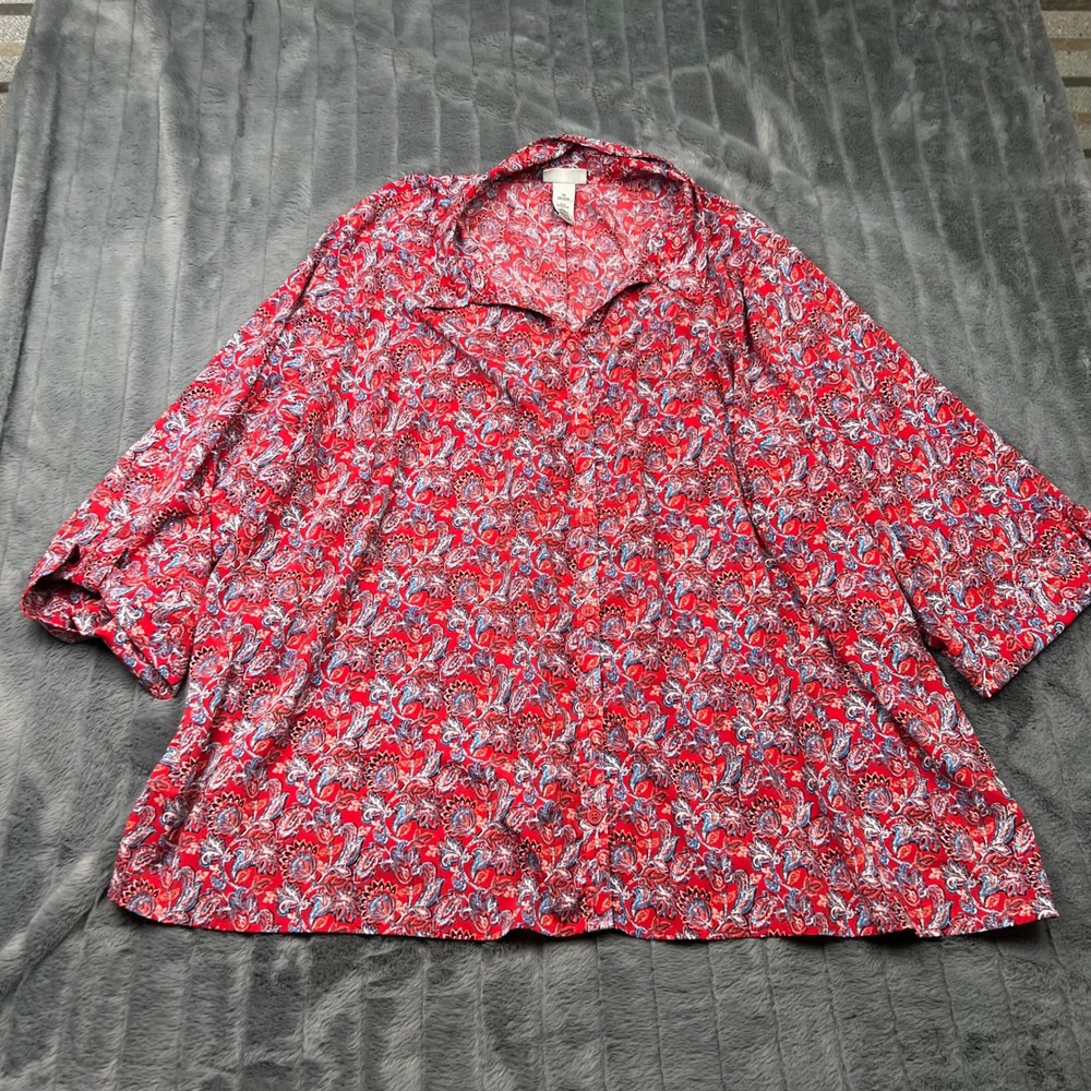 Catherines Red Paisley Button Front Blouse Top Womens 4X 30/32W Stretch SS